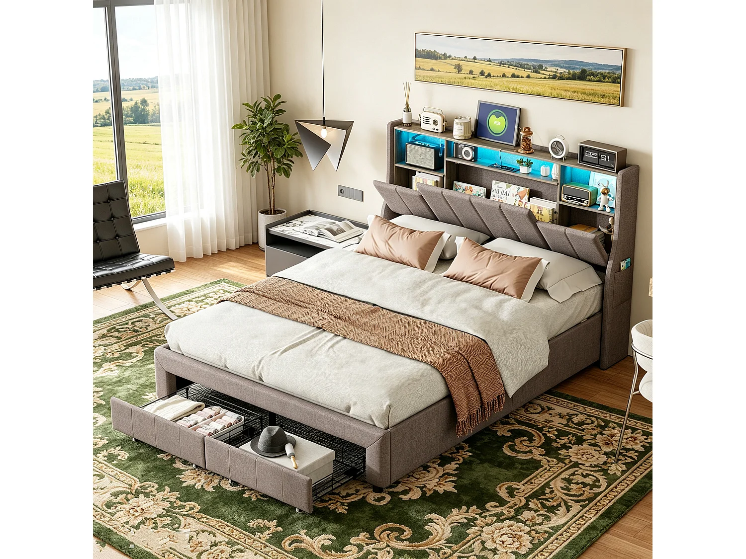 Lit Double 140x200cm avec 2 Tiroirs -20 Couleurs & 22 Modes Éclairage LED- Tête de lit avec rangement - Structure 750LBS - Lin Gris