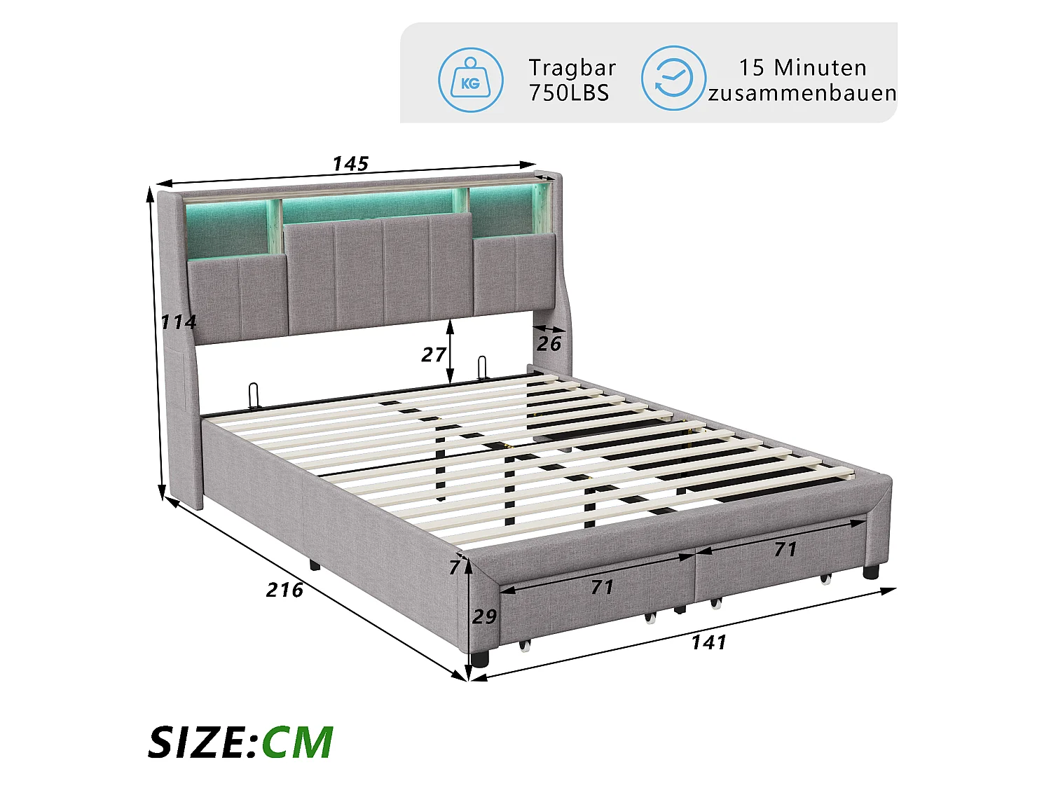 Lit Double 140x200cm avec 2 Tiroirs -20 Couleurs & 22 Modes Éclairage LED- Tête de lit avec rangement - Structure 750LBS - Lin Gris