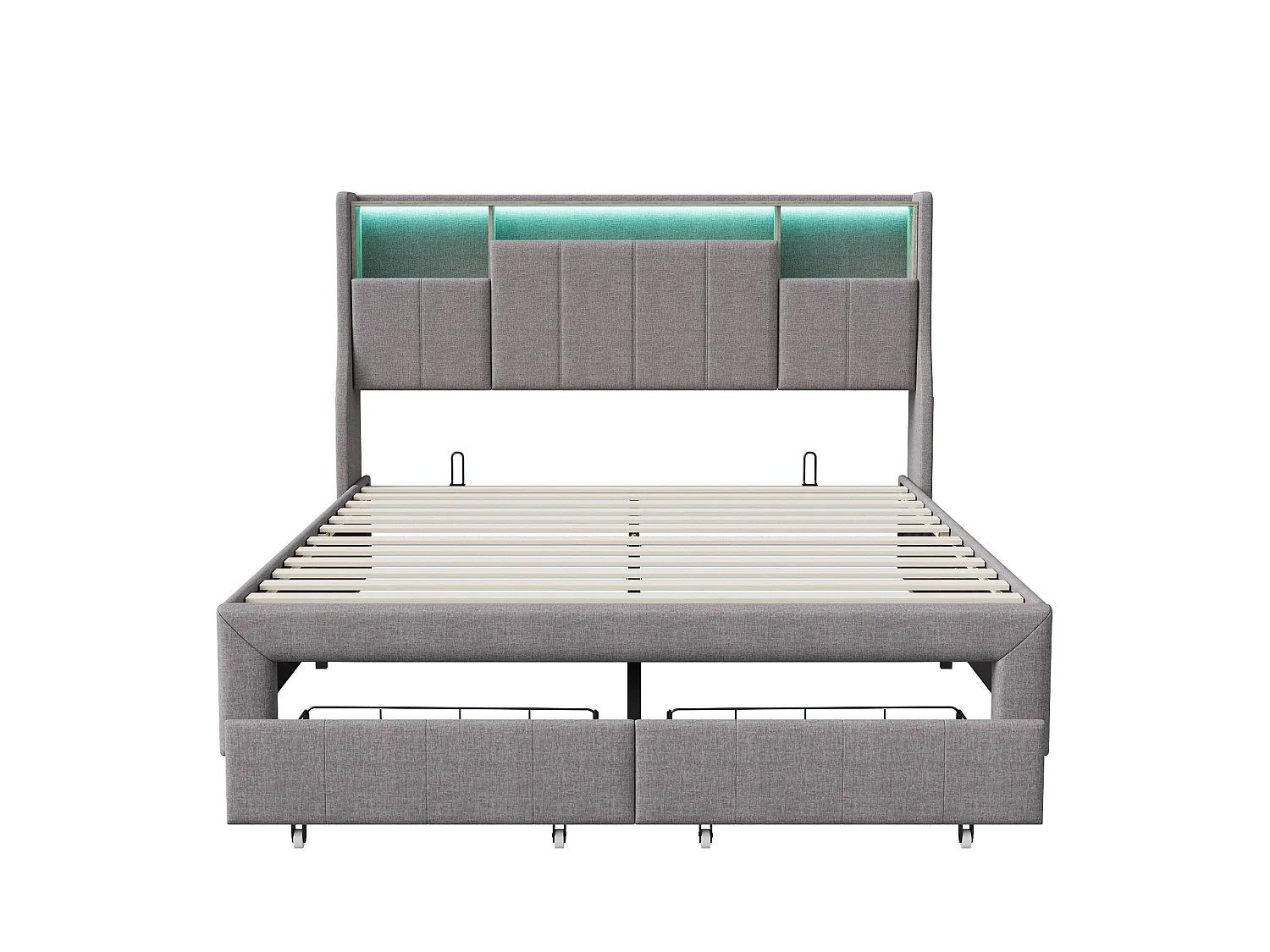 Lit Double 140x200cm avec 2 Tiroirs -20 Couleurs & 22 Modes Éclairage LED- Tête de lit avec rangement - Structure 750LBS - Lin Gris