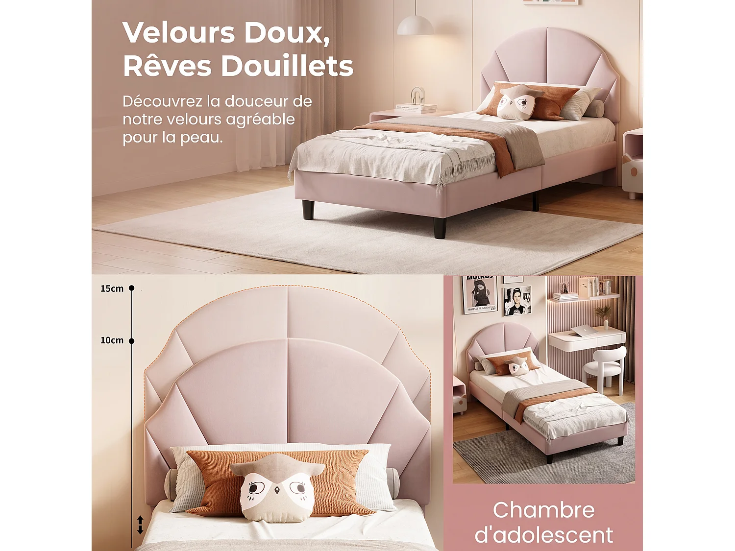 Lit Enfant 90x190cm Velours avec Tête de Lit Réglable - Cadre de Lit 1 Place Filles avec Sommier - Structure 350 lbs - Rose