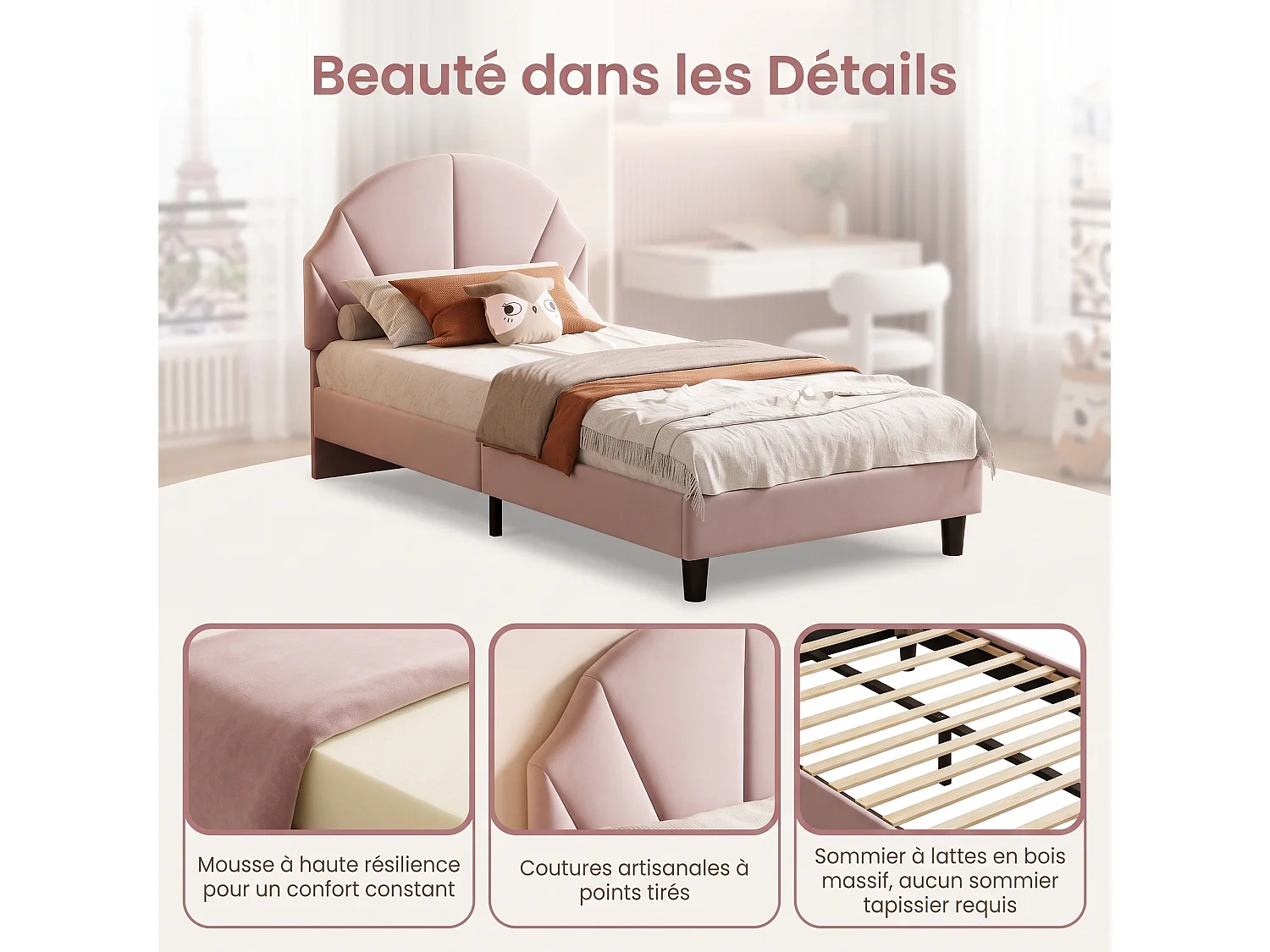 Lit Enfant 90x190cm Velours avec Tête de Lit Réglable - Cadre de Lit 1 Place Filles avec Sommier - Structure 350 lbs - Rose