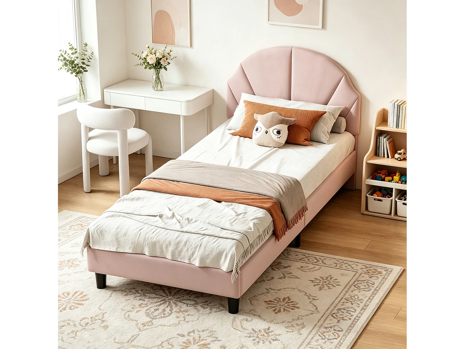 Lit Enfant 90x190cm Velours avec Tête de Lit Réglable - Cadre de Lit 1 Place Filles avec Sommier - Structure 350 lbs - Rose