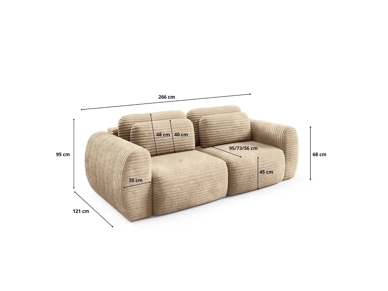 4-zits slaapbank van crèmekleurig ribfluweel met brede ribbels SOFA ZURI zachte, omhullende zitervaring