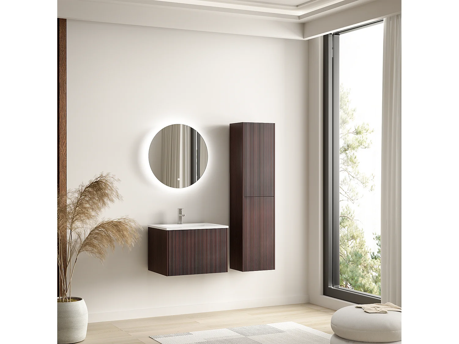Meuble de salle de bain suspendu Rovani 60 cm noyer cannelé - vasque blanche - LOMAZOO