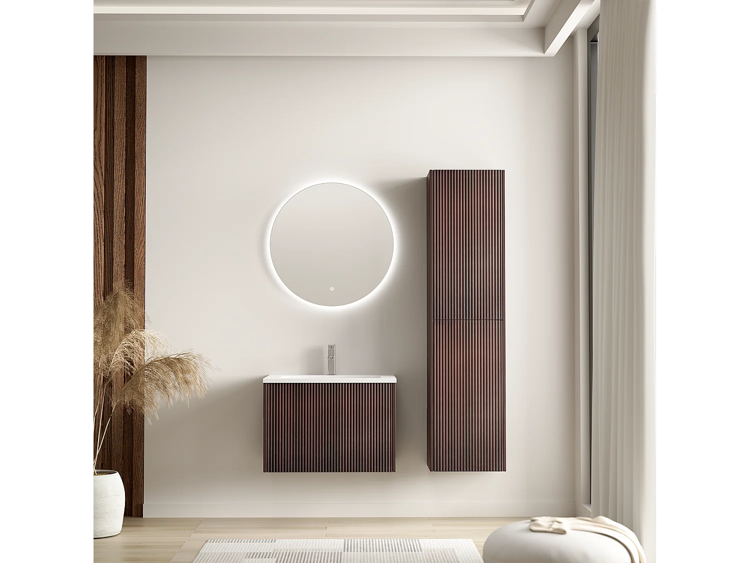 Meuble de salle de bain suspendu Rovani 60 cm noyer cannelé - vasque blanche - LOMAZOO