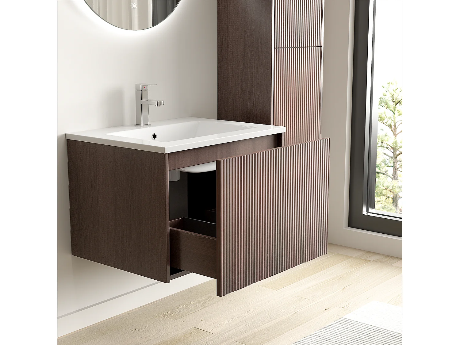 Meuble de salle de bain suspendu Rovani 60 cm noyer cannelé - vasque blanche - LOMAZOO