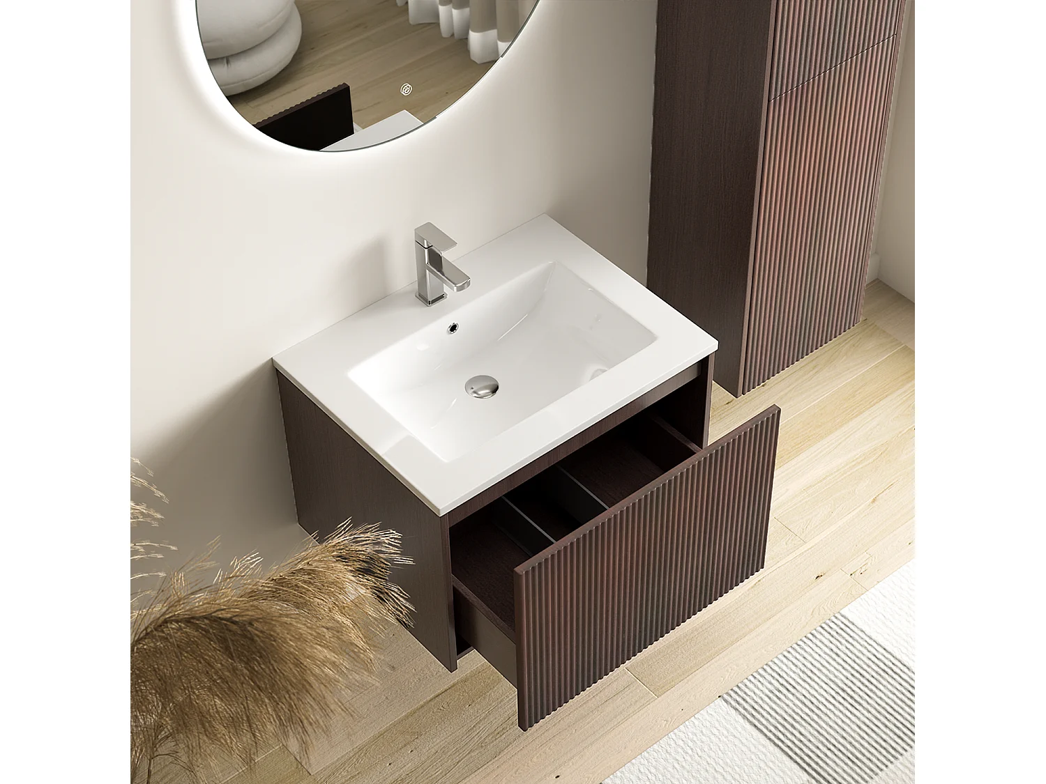 Meuble de salle de bain suspendu Rovani 60 cm noyer cannelé - vasque blanche - LOMAZOO