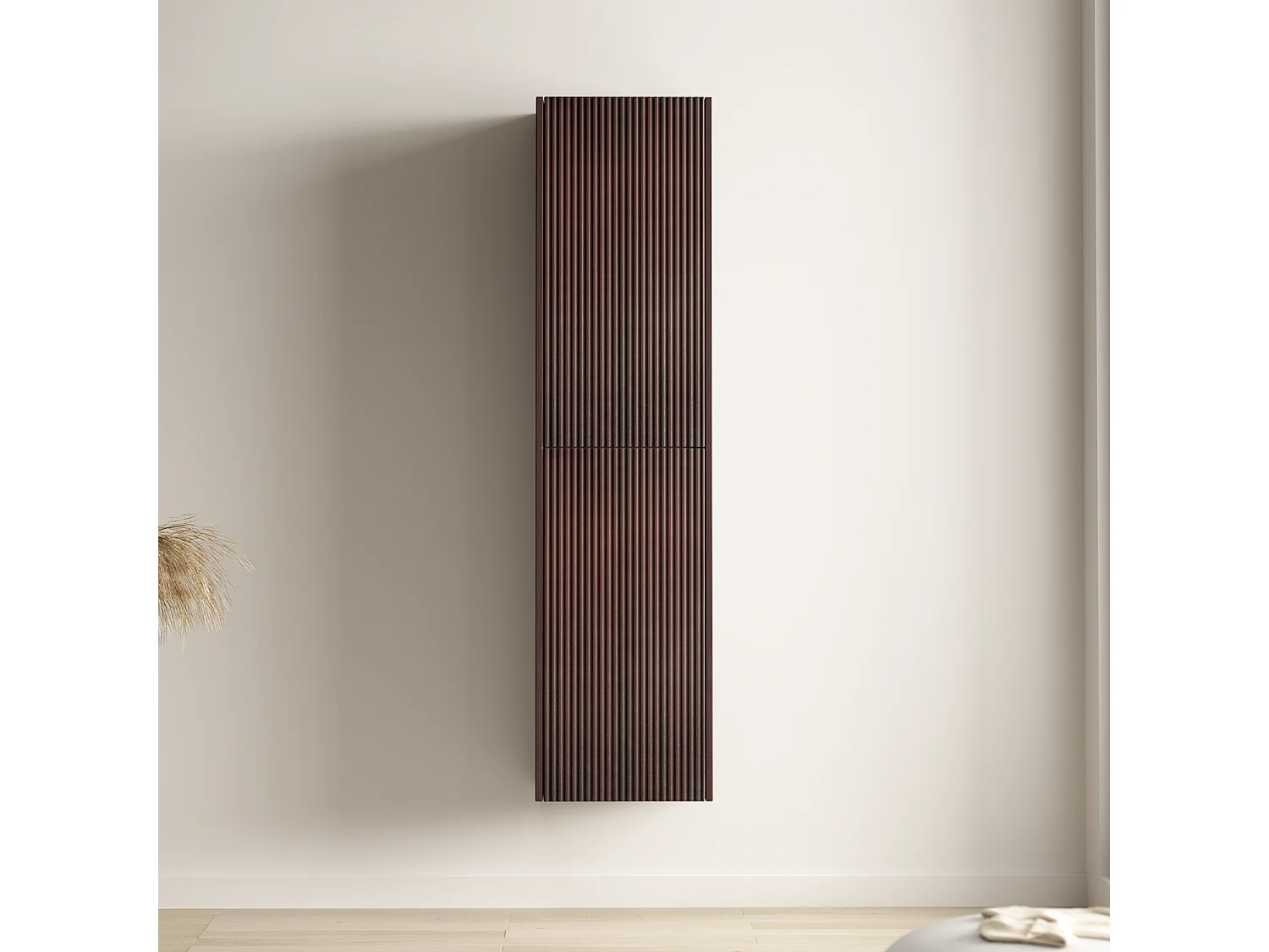 Meuble de salle de bain suspendu Rovani 60 cm noyer cannelé - vasque blanche - LOMAZOO