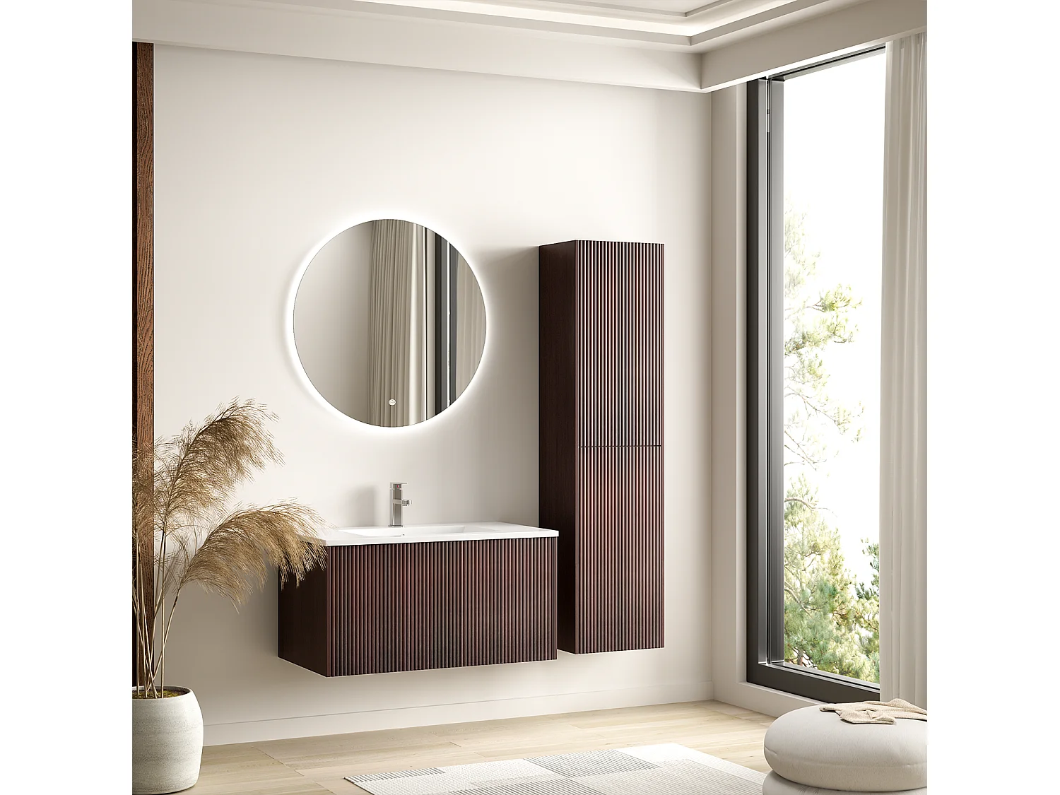 Meuble de salle de bain suspendu Rovani 80 cm noyer cannelé - vasque blanche - LOMAZOO