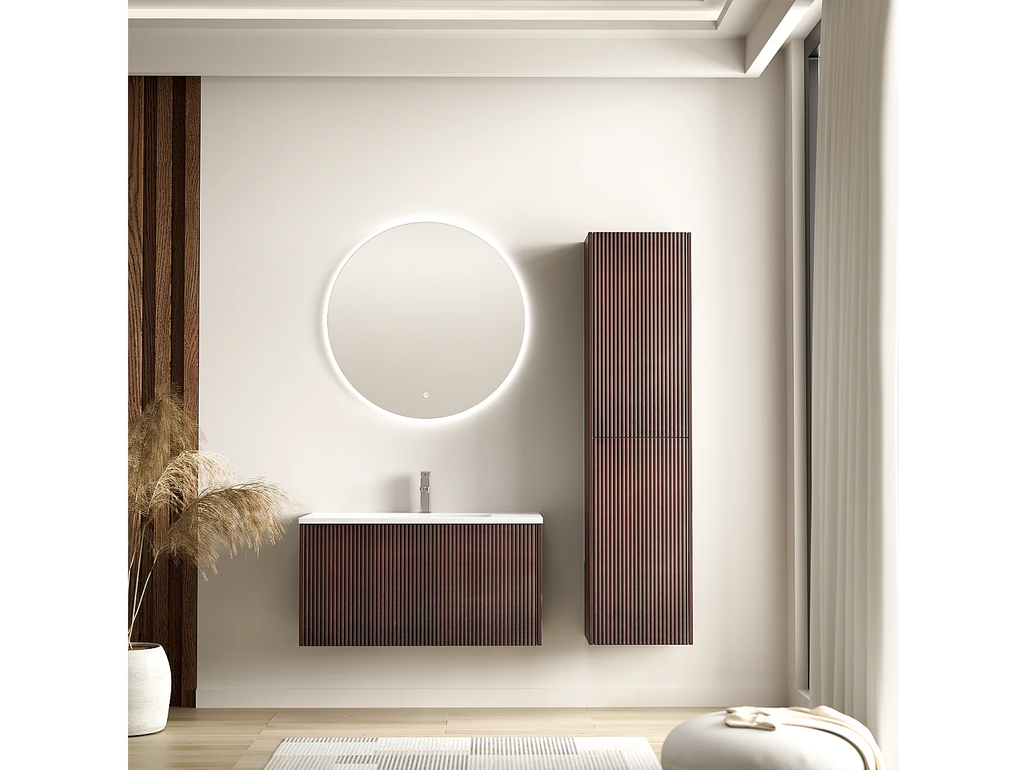 Meuble de salle de bain suspendu Rovani 80 cm noyer cannelé - vasque blanche - LOMAZOO