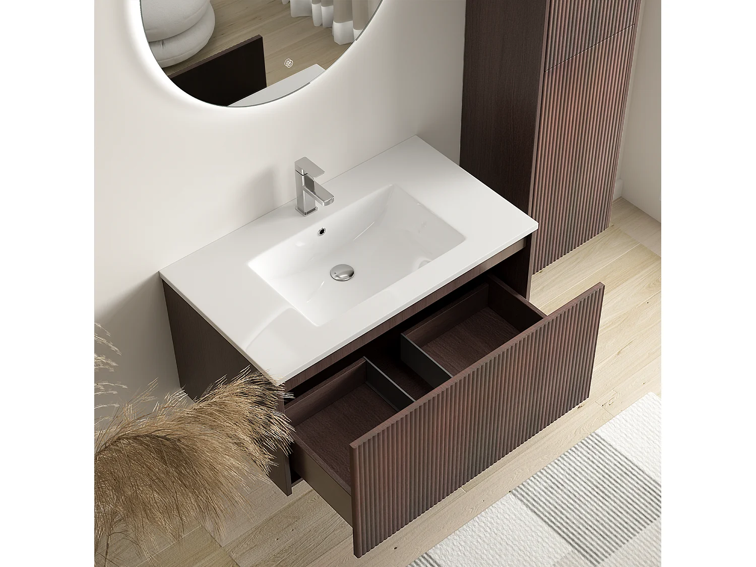 Meuble de salle de bain suspendu Rovani 80 cm noyer cannelé - vasque blanche - LOMAZOO