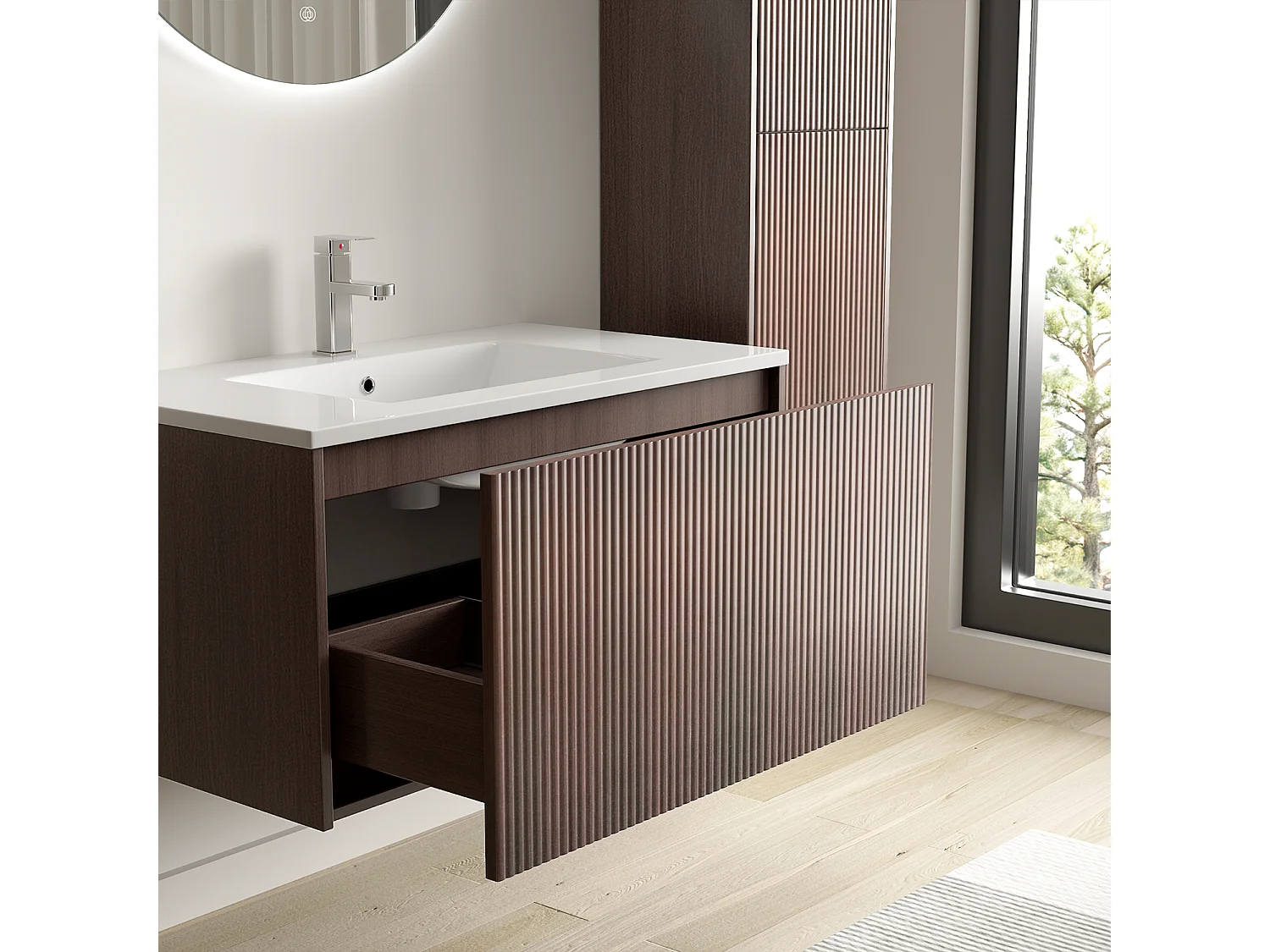 Meuble de salle de bain suspendu Rovani 80 cm noyer cannelé - vasque blanche - LOMAZOO
