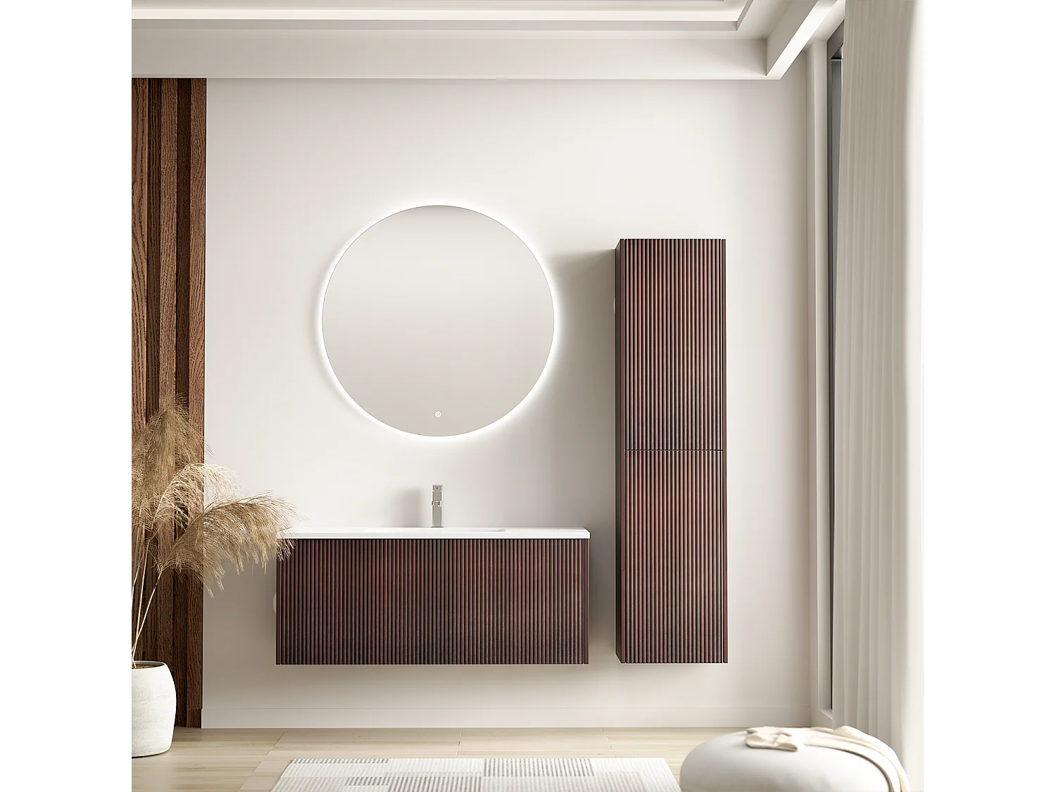 Meuble de salle de bain suspendu Rovani 100 cm noyer cannelé - vasque blanche - LOMAZOO