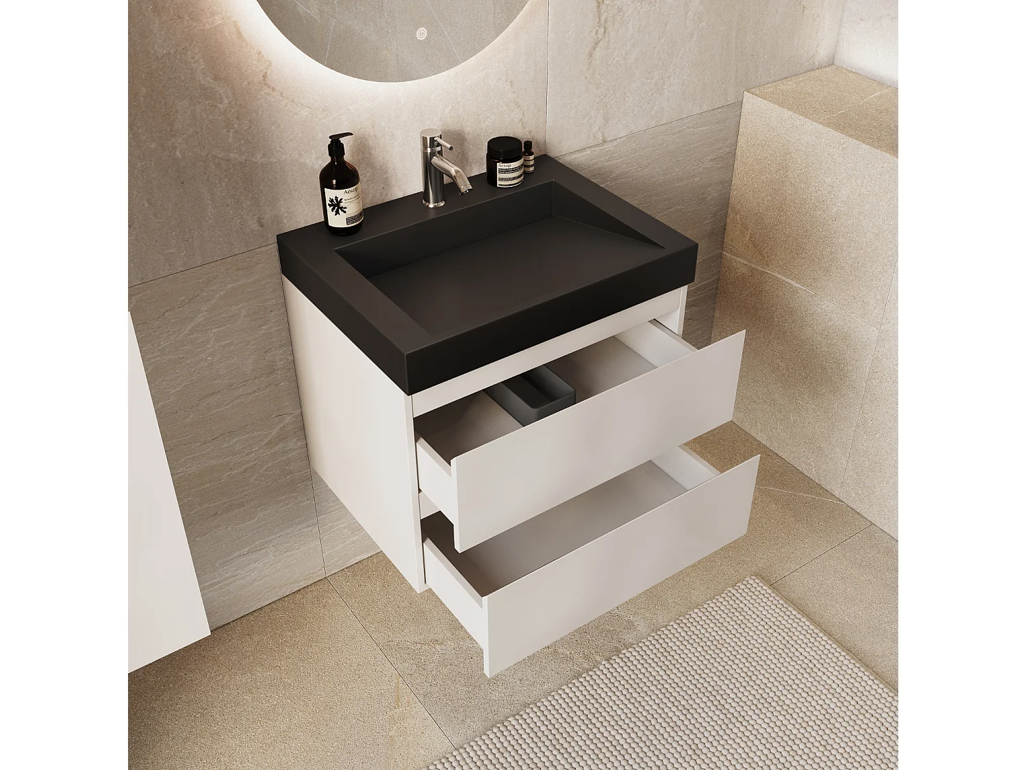 Meuble de salle de bain suspendu 60 cm - LOMAZOO Zarivo - blanc brillant - lavabo noir