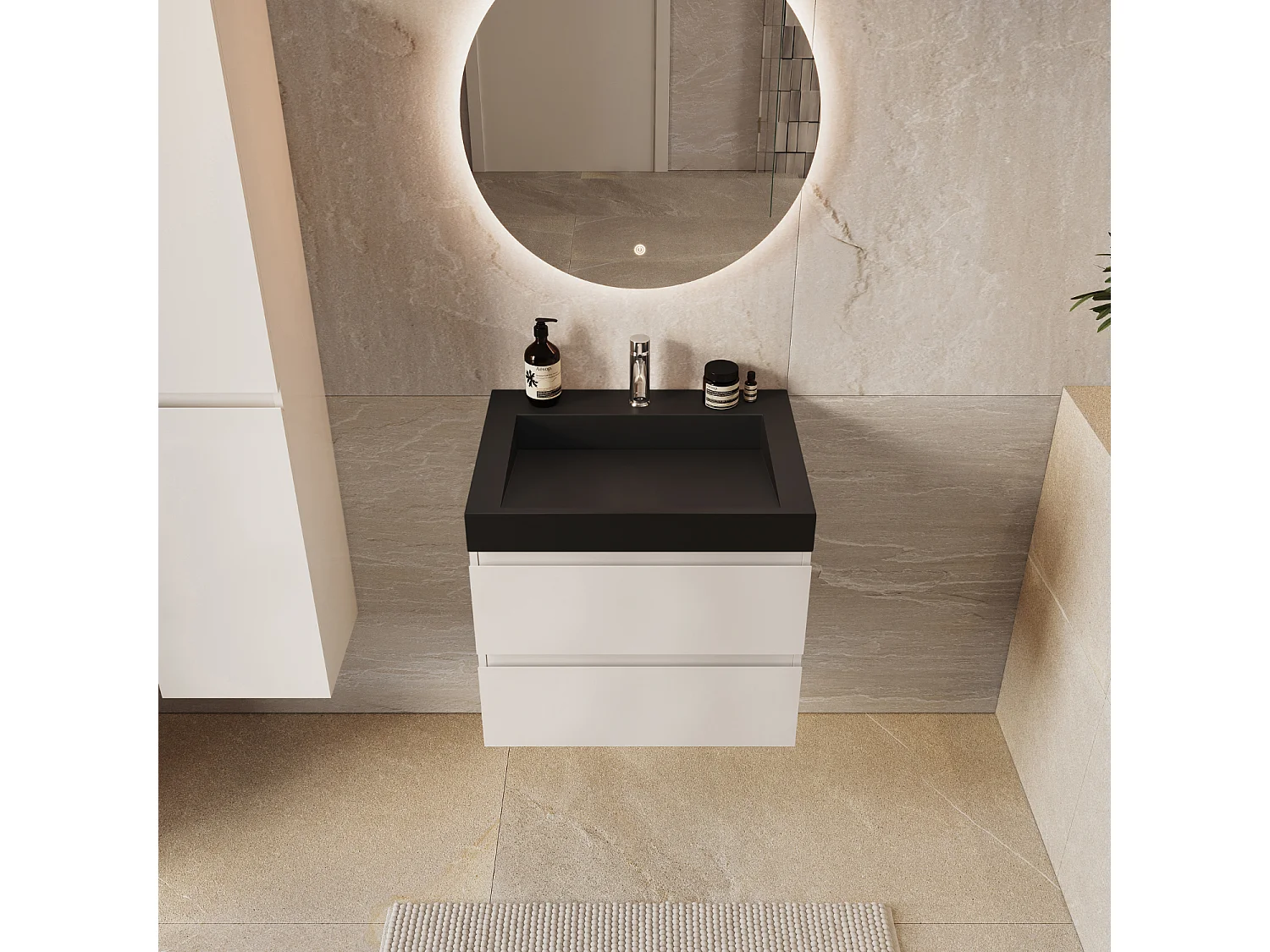 Meuble de salle de bain suspendu 60 cm - LOMAZOO Zarivo - blanc brillant - lavabo noir