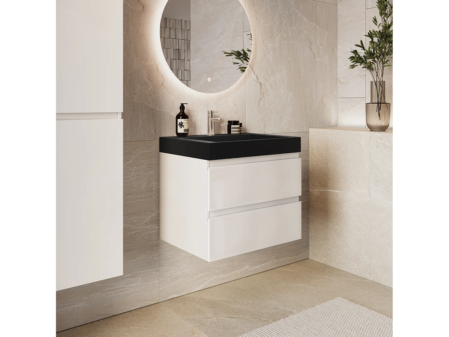 Meuble de salle de bain suspendu 60 cm - LOMAZOO Zarivo - blanc brillant - lavabo noir