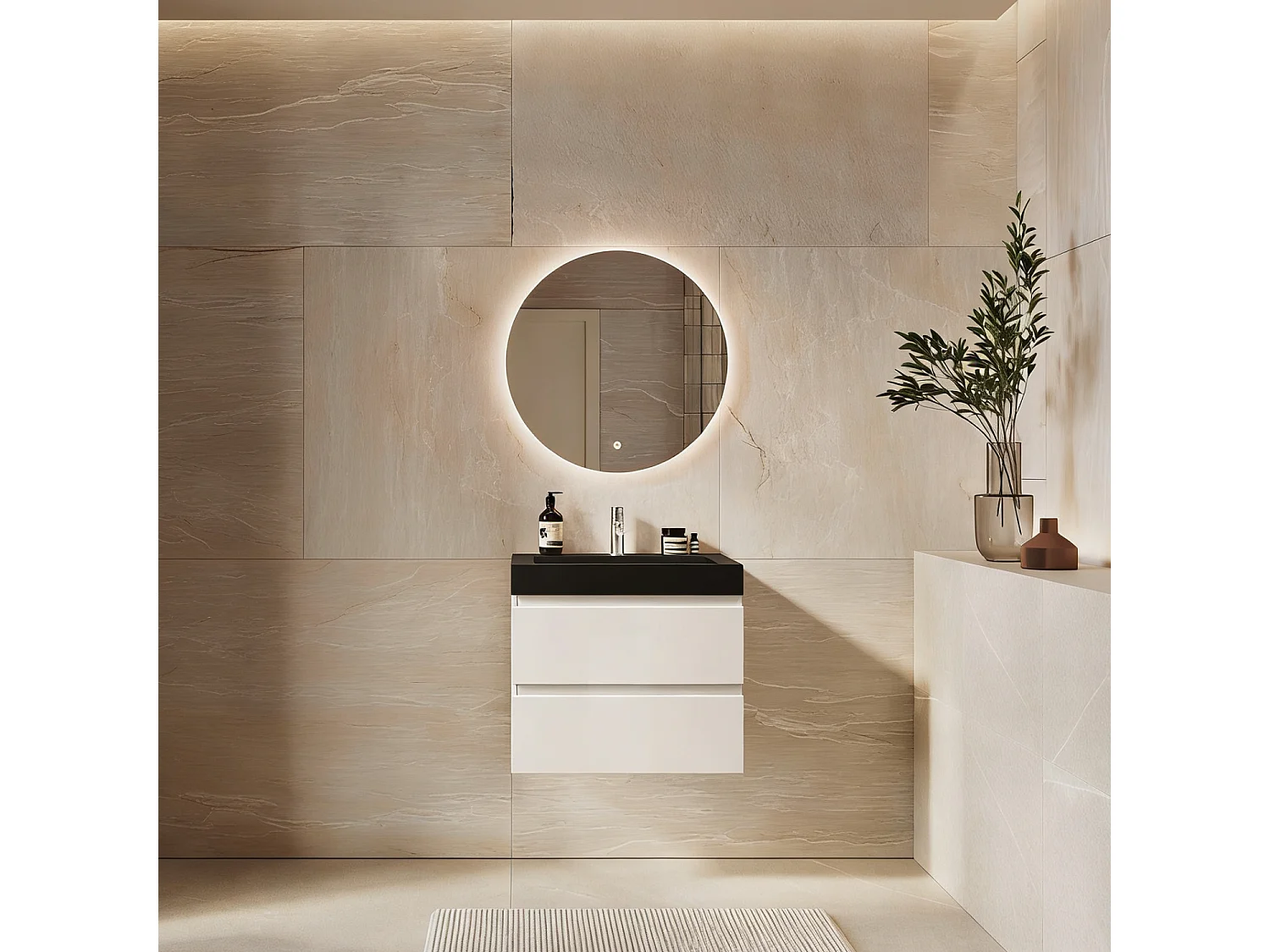 Meuble de salle de bain suspendu 60 cm - LOMAZOO Zarivo - blanc brillant - lavabo noir