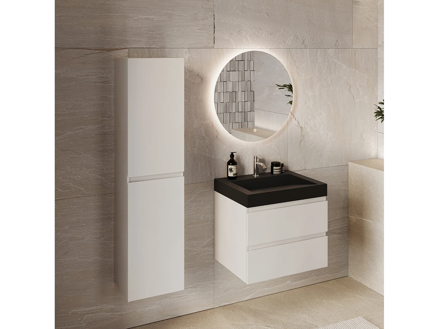 Meuble de salle de bain suspendu 60 cm - LOMAZOO Zarivo - blanc brillant - lavabo noir