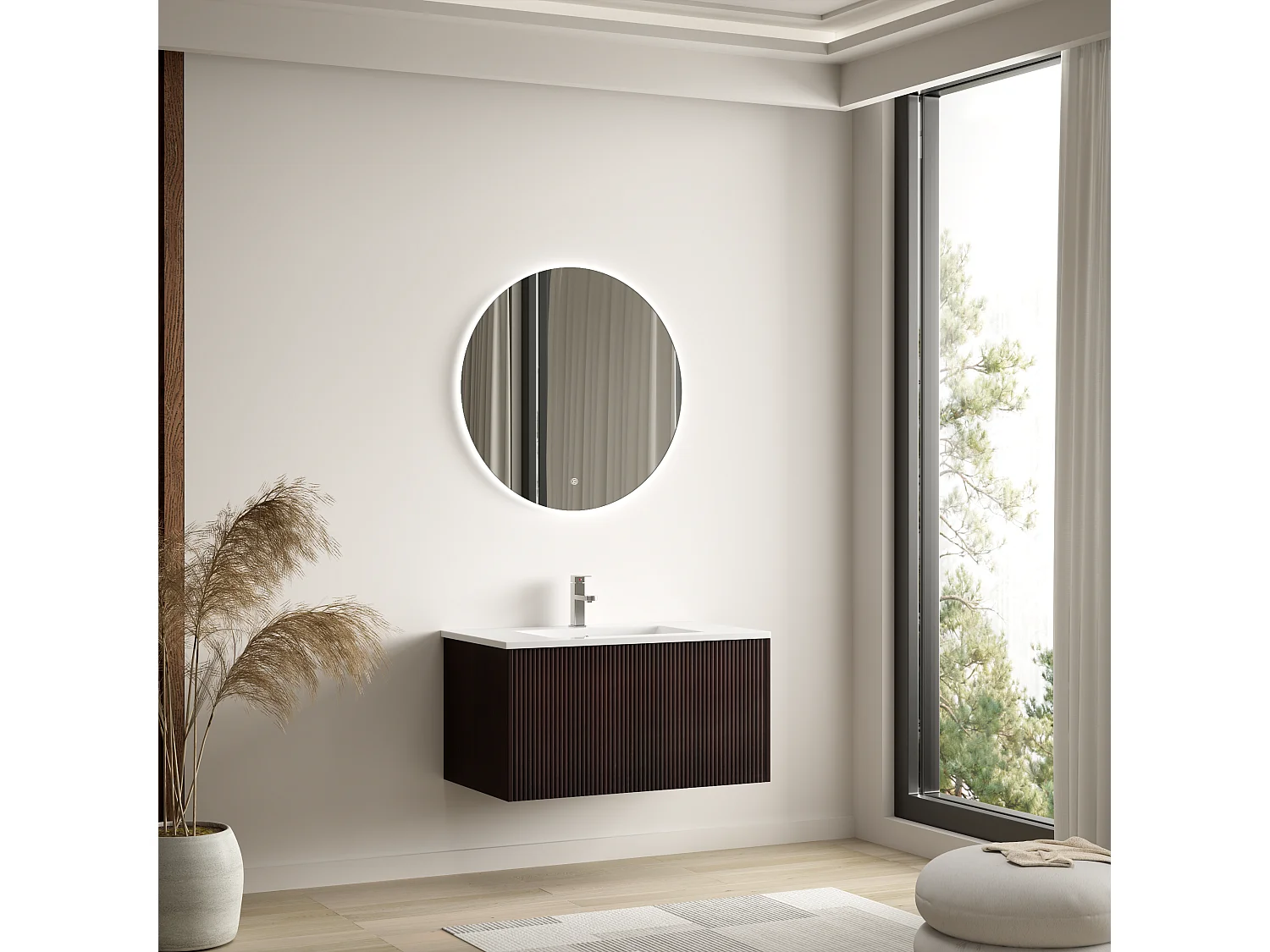 Meuble de salle de bain suspendu Sovina 80 cm noyer cannelé - vasque blanche - LOMAZOO