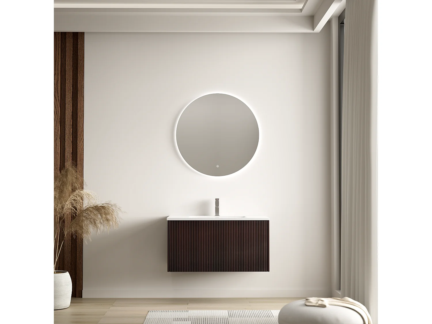 Meuble de salle de bain suspendu Sovina 80 cm noyer cannelé - vasque blanche - LOMAZOO