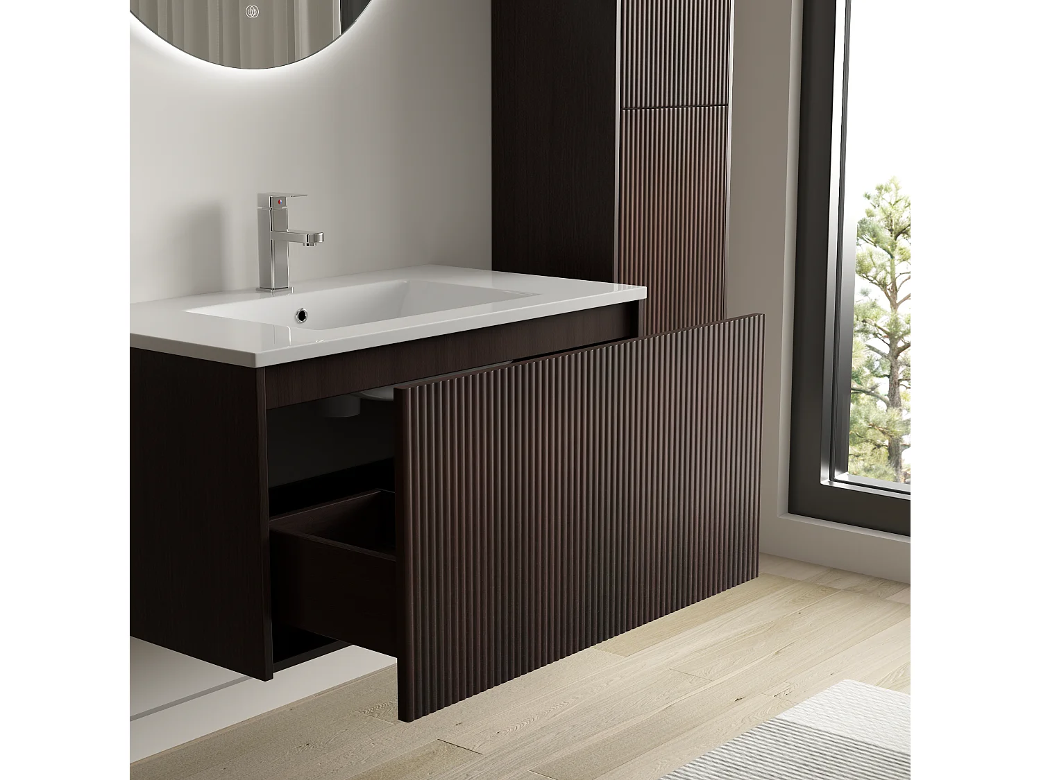 Meuble de salle de bain suspendu Sovina 80 cm noyer cannelé - vasque blanche - LOMAZOO