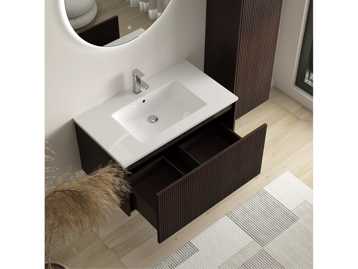 Meuble de salle de bain suspendu Sovina 80 cm noyer cannelé - vasque blanche - LOMAZOO