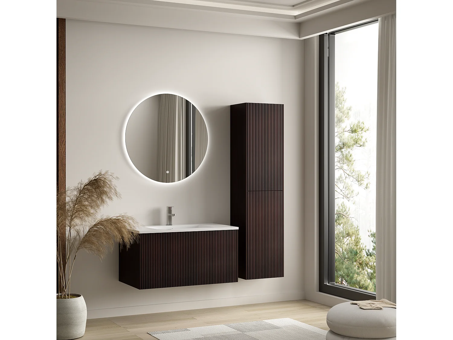 Meuble de salle de bain suspendu Sovina 80 cm noyer cannelé - vasque blanche - LOMAZOO