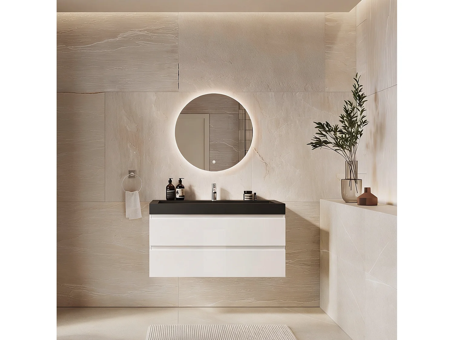 Meuble de salle de bain suspendu 100 cm - LOMAZOO Zarivo - blanc brillant - lavabo noir