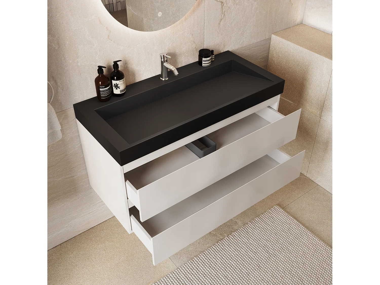 Meuble de salle de bain suspendu 100 cm - LOMAZOO Zarivo - blanc brillant - lavabo noir