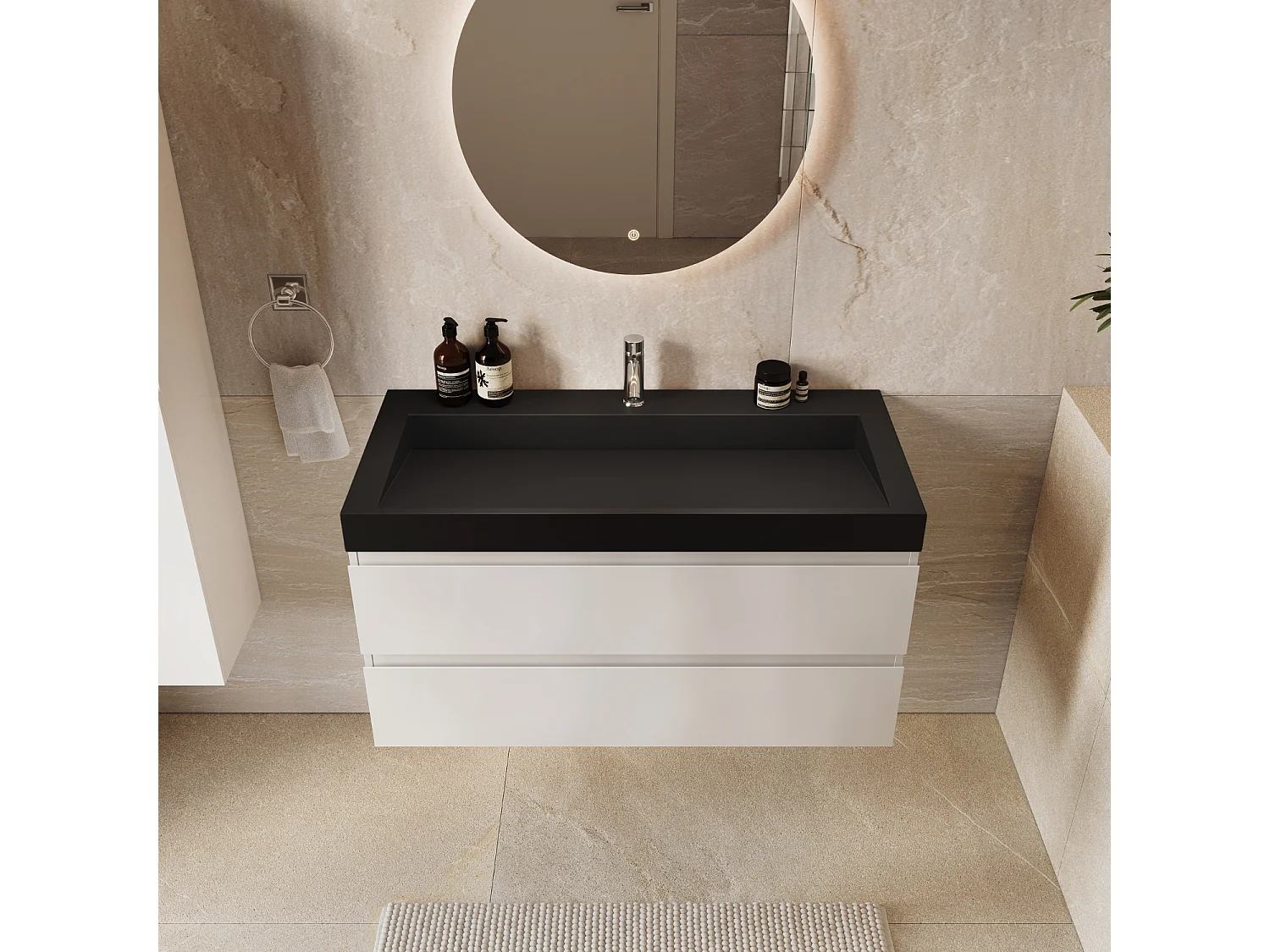Meuble de salle de bain suspendu 100 cm - LOMAZOO Zarivo - blanc brillant - lavabo noir