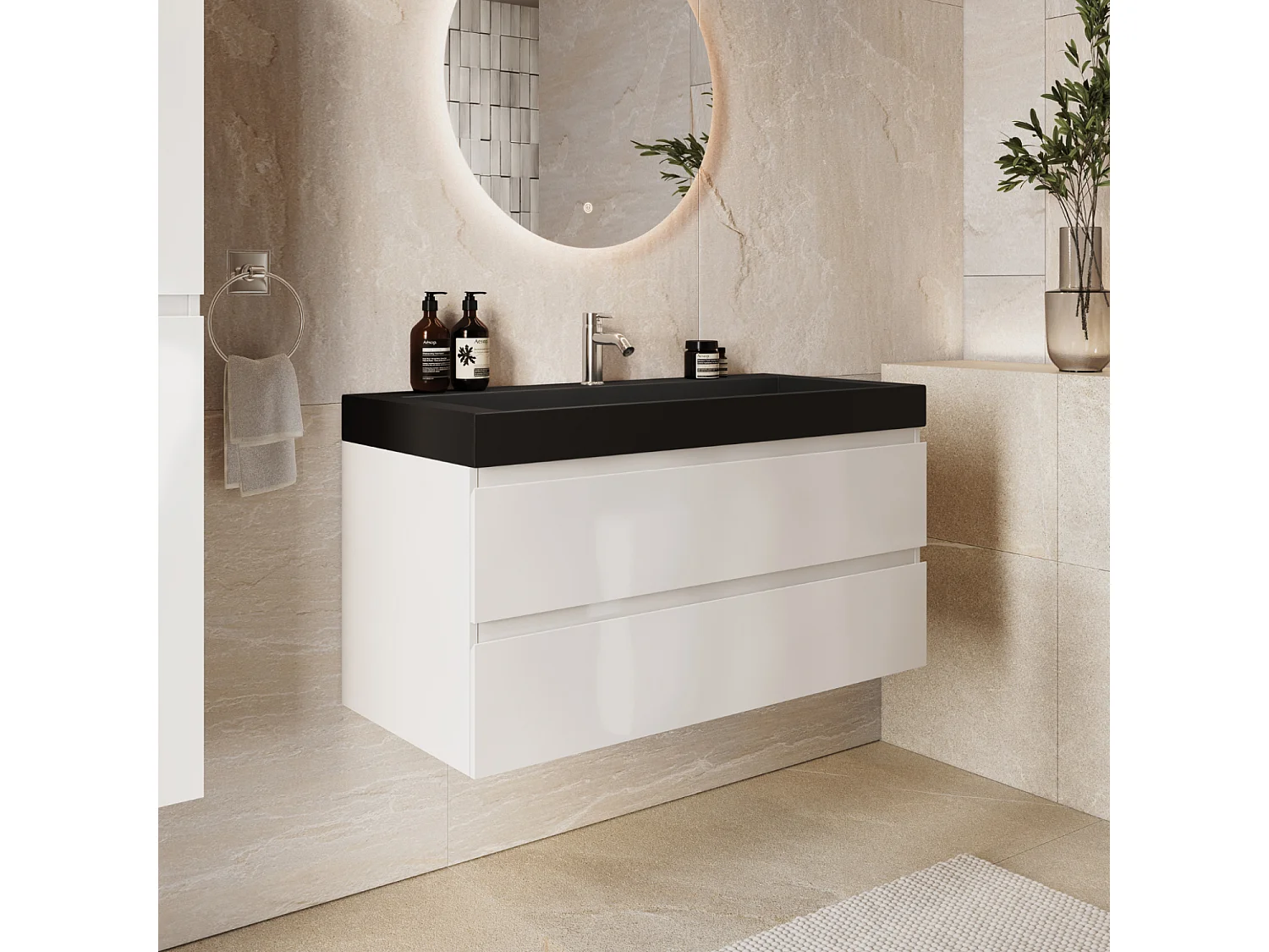 Meuble de salle de bain suspendu 100 cm - LOMAZOO Zarivo - blanc brillant - lavabo noir