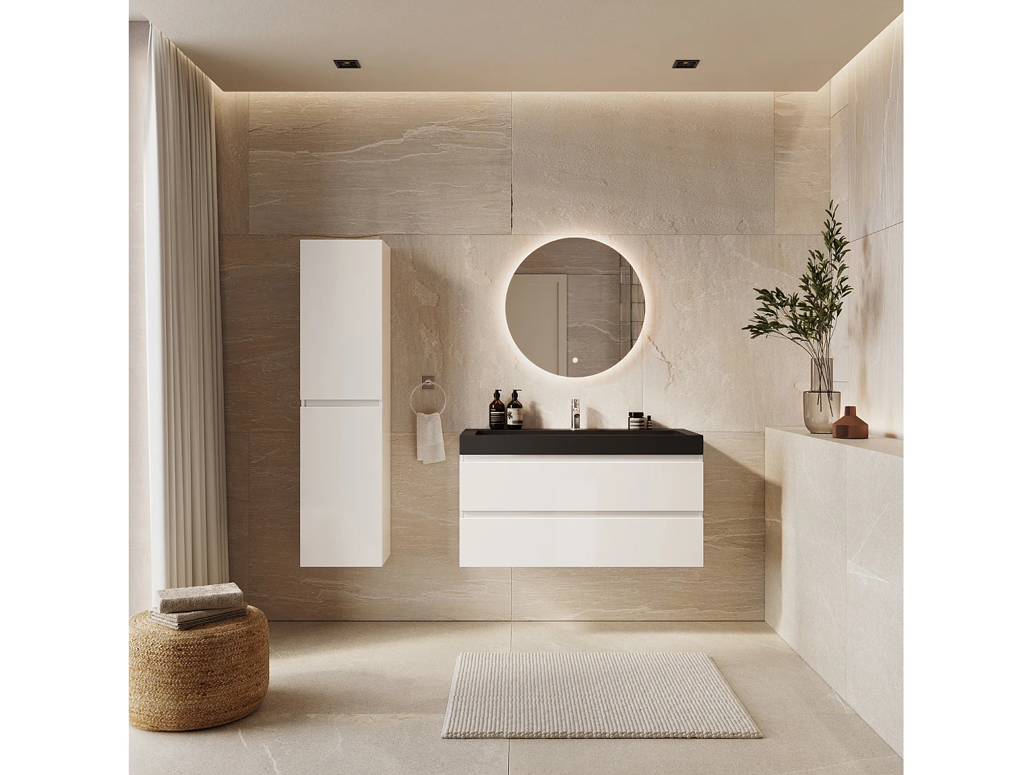 Meuble de salle de bain suspendu 100 cm - LOMAZOO Zarivo - blanc brillant - lavabo noir