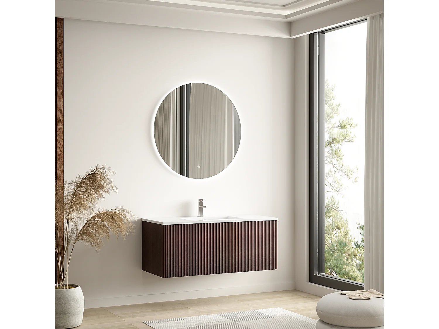 Meuble de salle de bain suspendu Sovina 100 cm noyer cannelé - vasque blanche - LOMAZOO