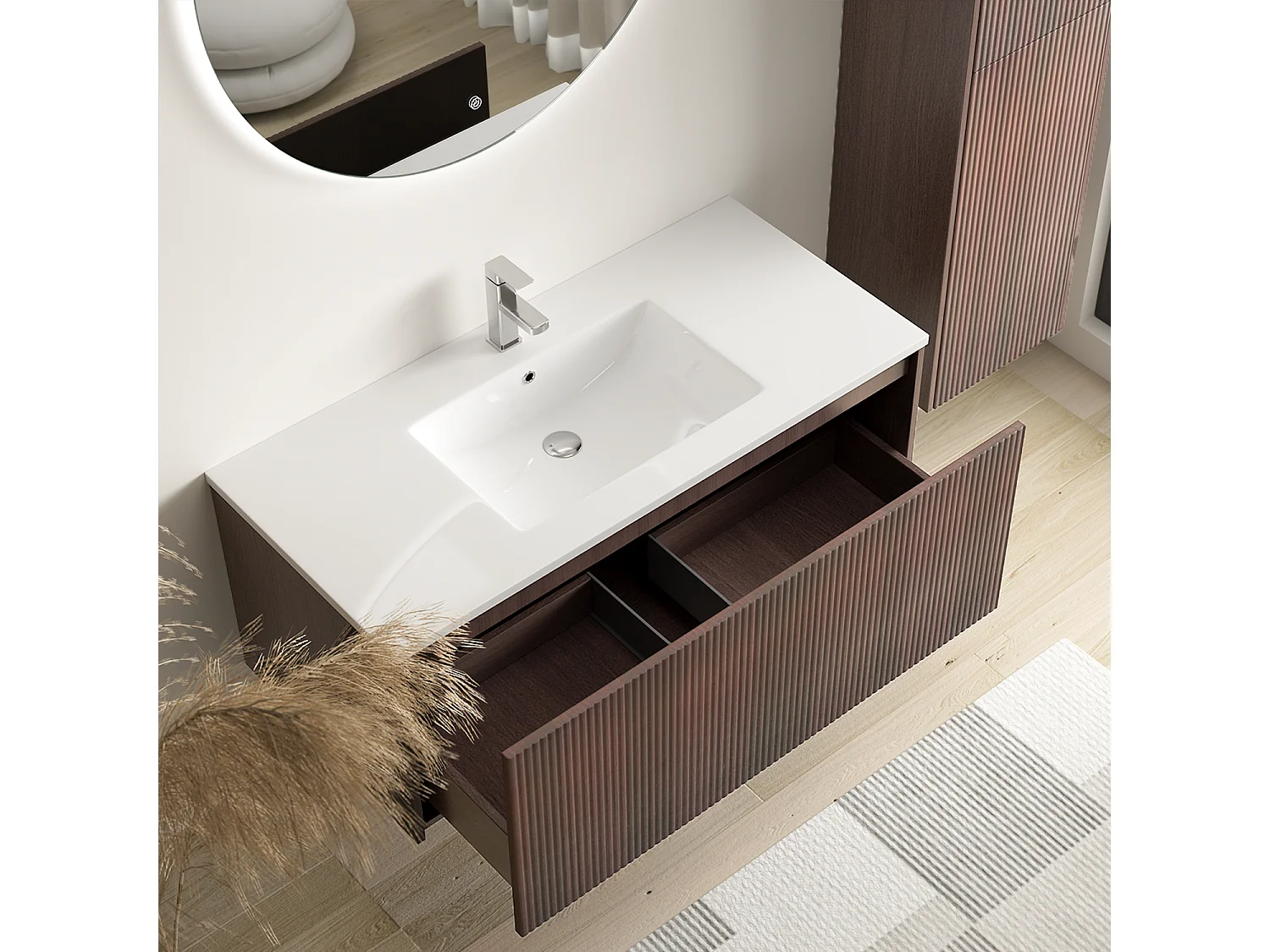 Meuble de salle de bain suspendu Sovina 100 cm noyer cannelé - vasque blanche - LOMAZOO