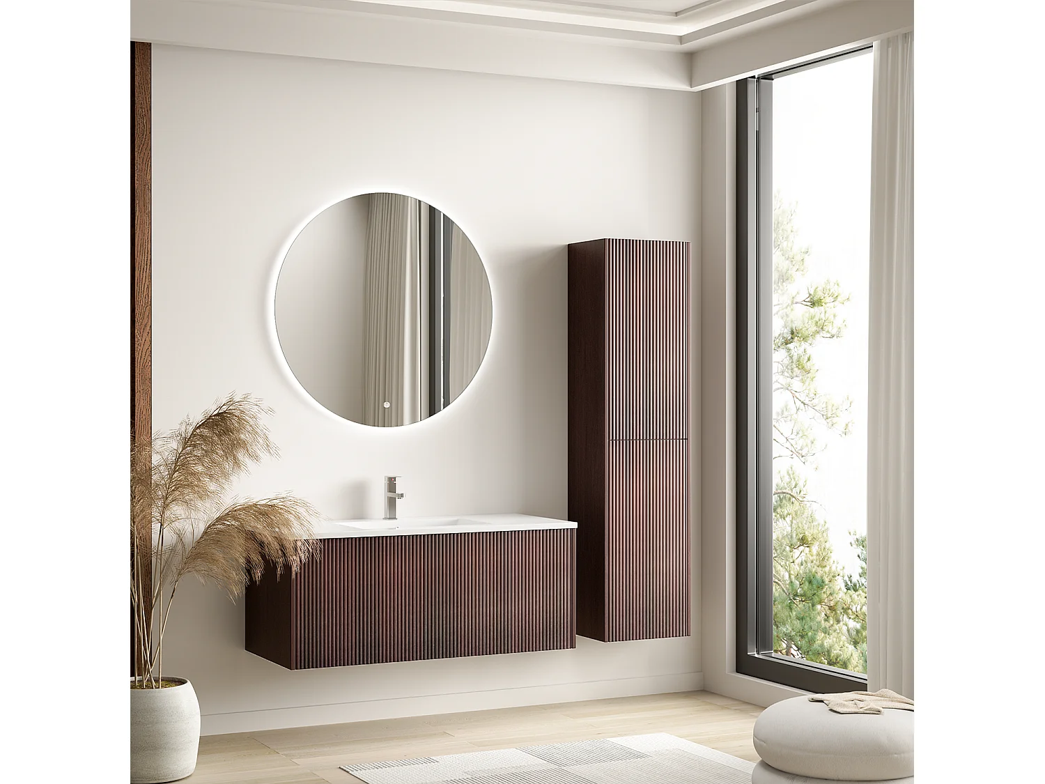 Meuble de salle de bain suspendu Sovina 100 cm noyer cannelé - vasque blanche - LOMAZOO