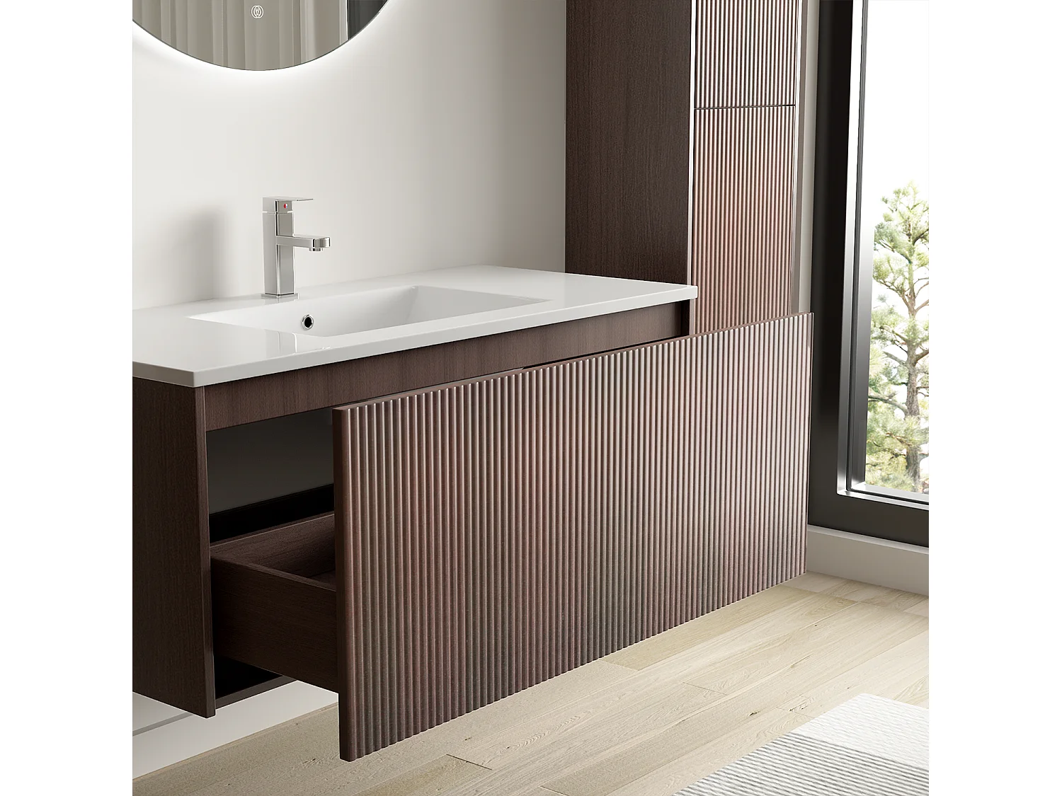 Meuble de salle de bain suspendu Sovina 100 cm noyer cannelé - vasque blanche - LOMAZOO