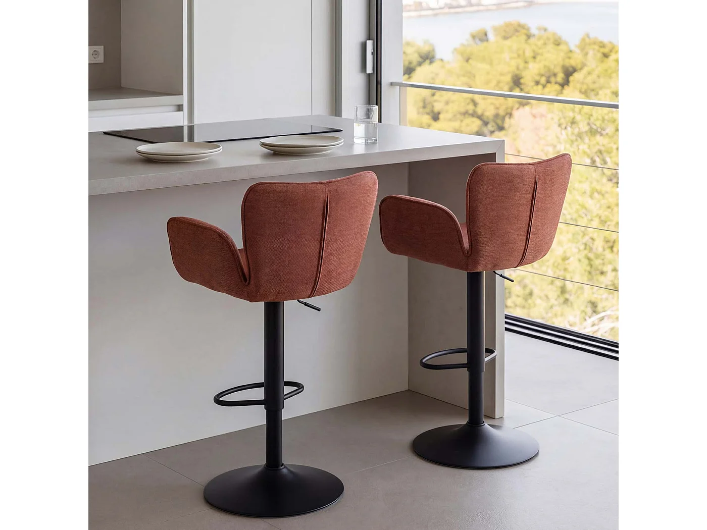 Tabourets de bar MCW-M67 (lot de 2),  pied terracotta, pied noir