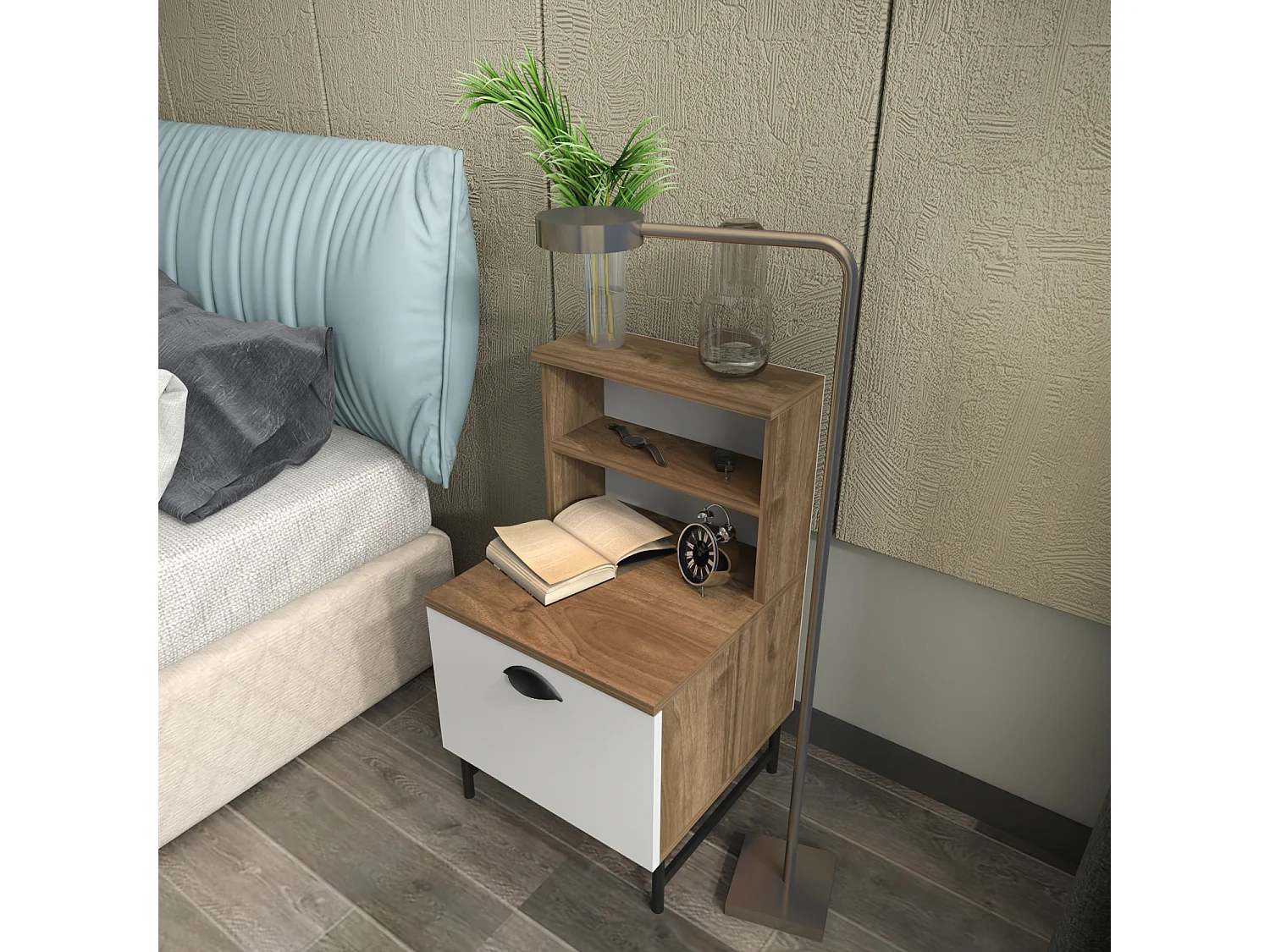 Table de nuit, chifonnier avec armoire, table de chevet - Set de 2