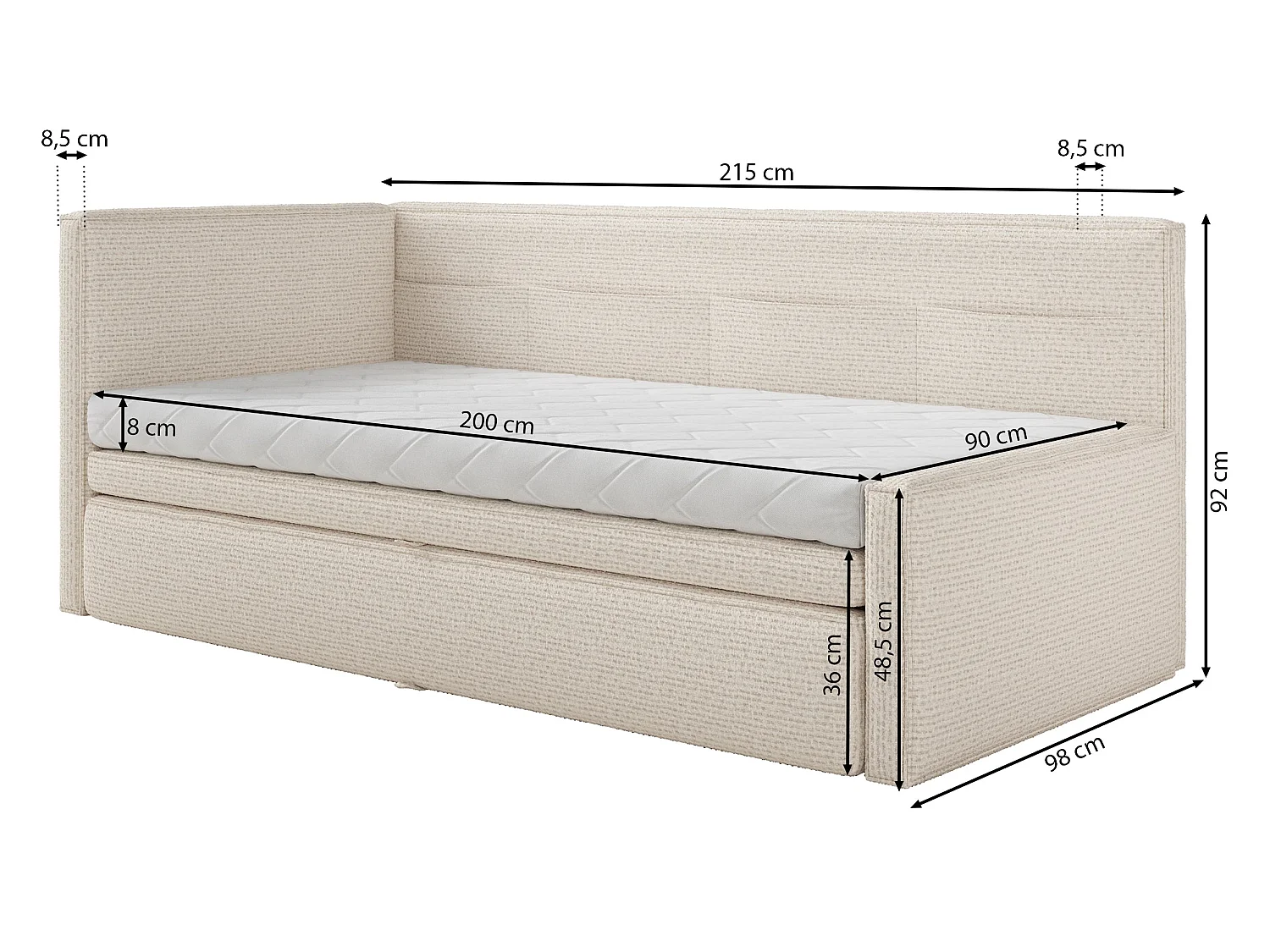 Lit rembourré - 90x200 cm - tissu tressé rose - Nesmi
