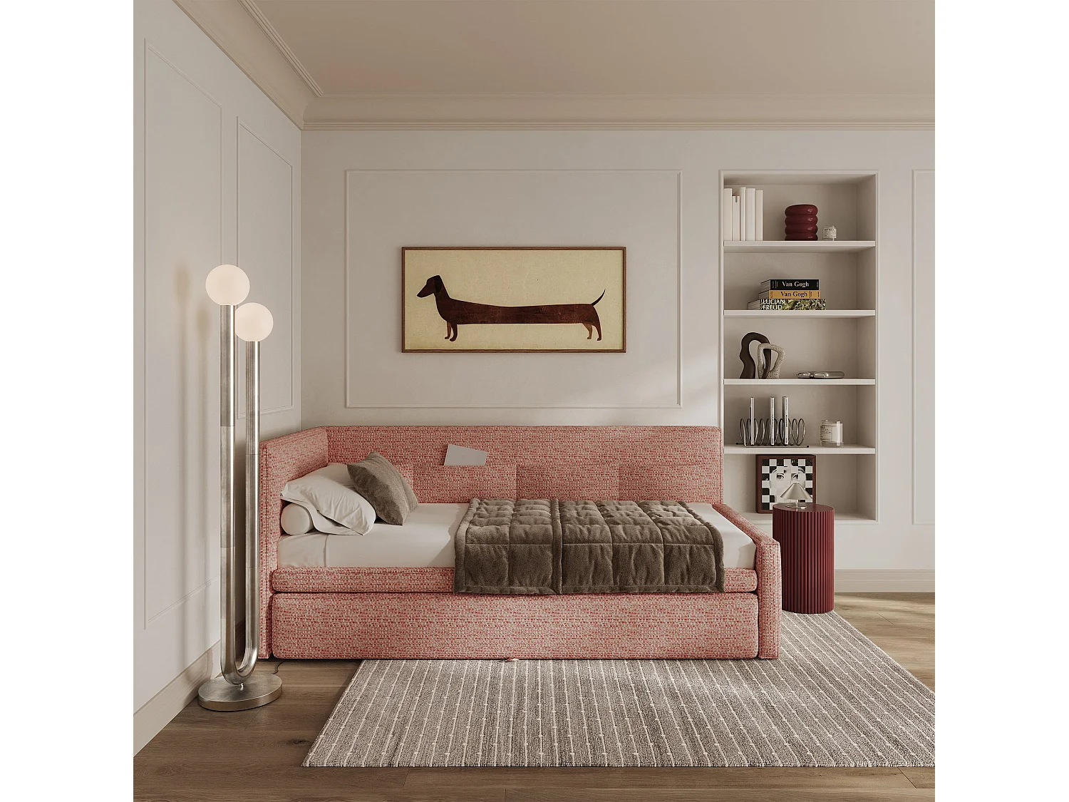 Lit rembourré - 90x200 cm - tissu tressé rose - Nesmi