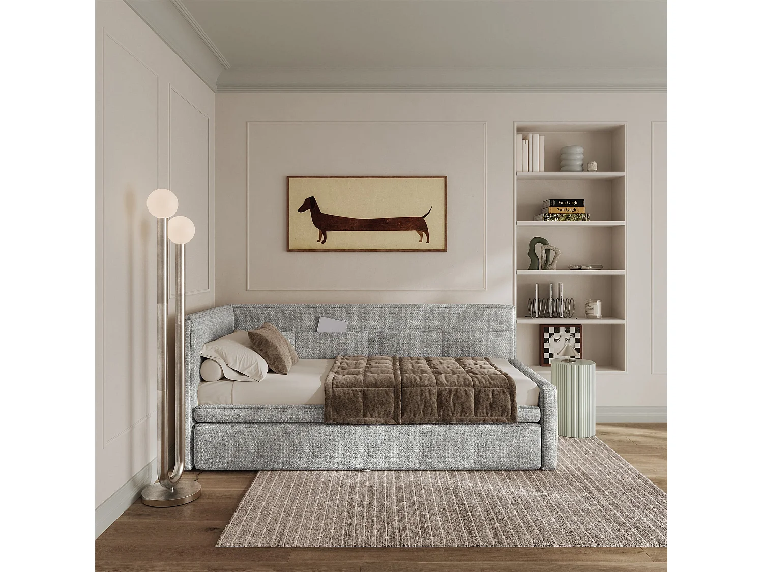 Gestoffeerd bed met opbergruimte, geweven stof lichtblauw, 90x200 cm – Nesmi