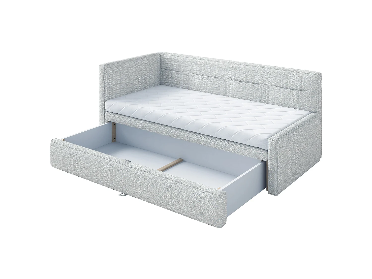 Gestoffeerd bed met opbergruimte, geweven stof lichtblauw, 90x200 cm – Nesmi
