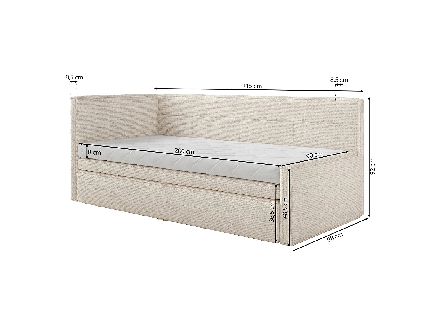 Gestoffeerd bed met opbergruimte, geweven stof lichtblauw, 90x200 cm – Nesmi