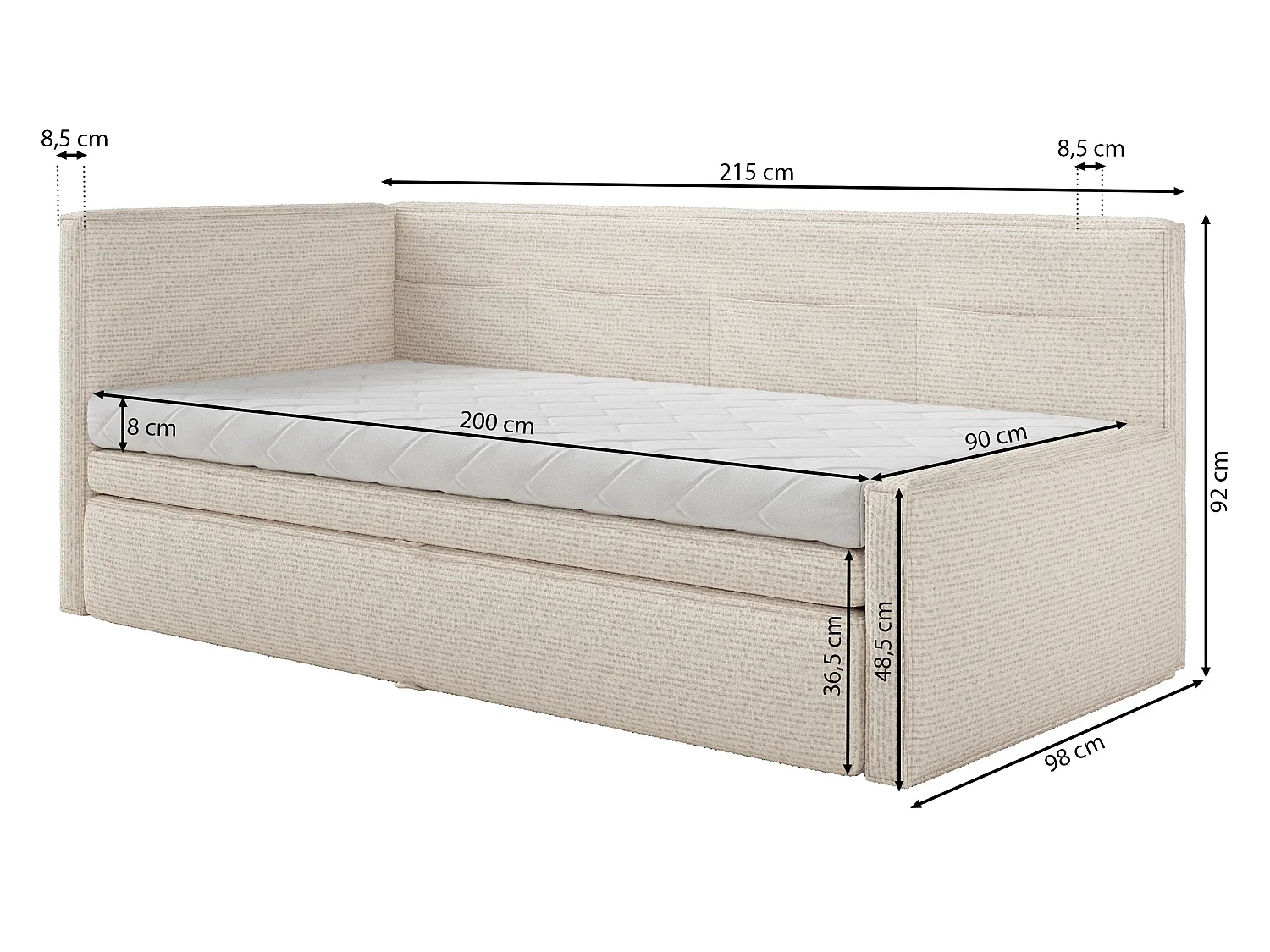 Lit rembourré - 90x200 cm - tissu tressé rose - Nesmi