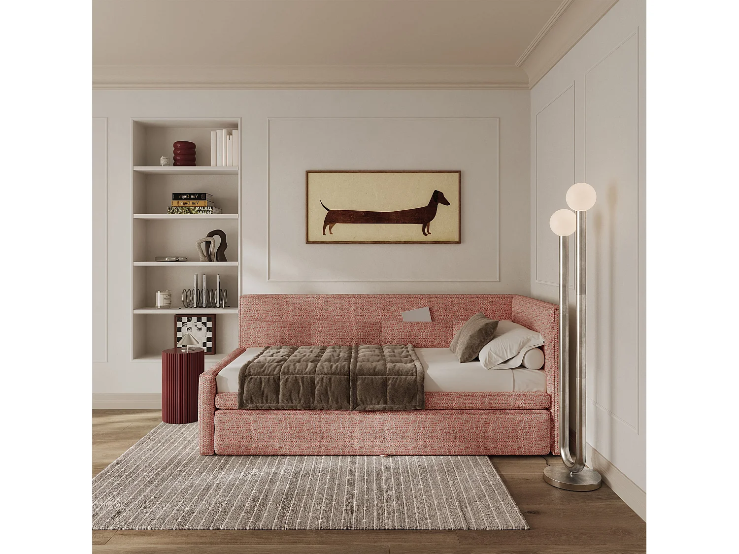 Lit rembourré - 90x200 cm - tissu tressé rose - Nesmi