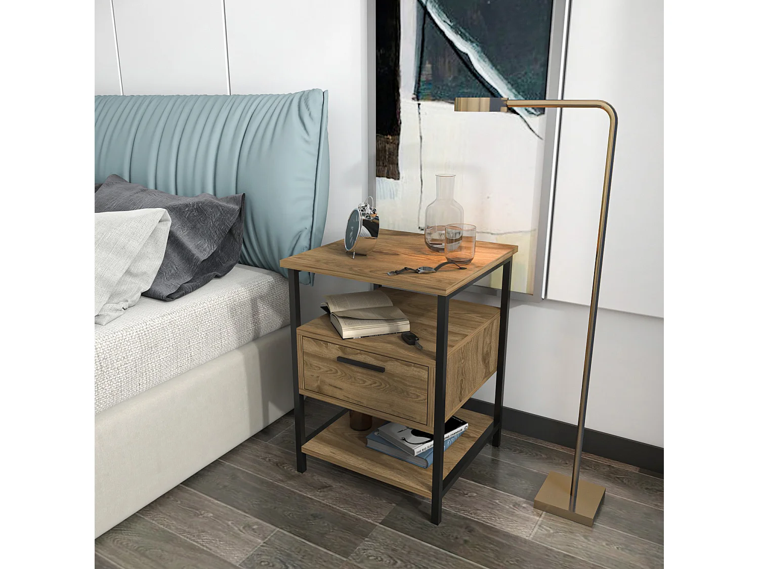 Table de chevet cadre en métal et tiroir, étagères ouvertes, chiffonnier - Set de 2