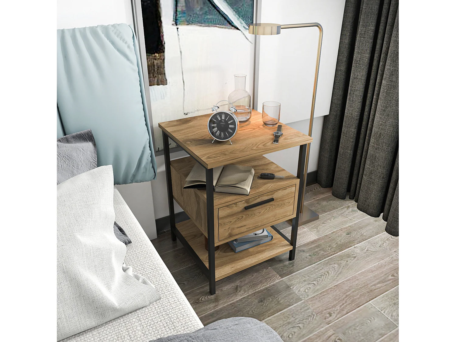 Table de chevet cadre en métal et tiroir, étagères ouvertes, chiffonnier - Set de 2