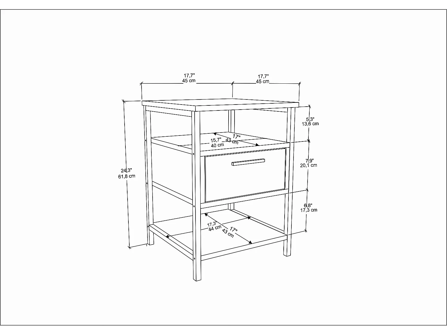Table de chevet cadre en métal et tiroir, étagères ouvertes, chiffonnier - Set de 2