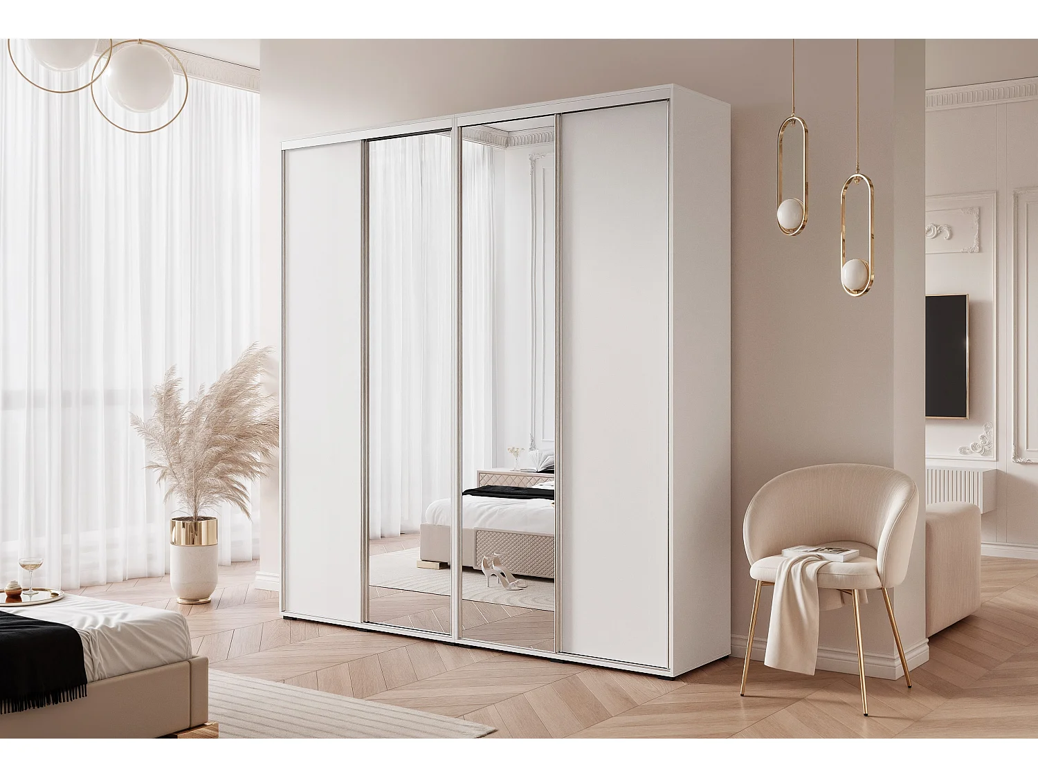 Armoire RAVEN 200 cm Blanc avec Miroir et détails argentés
