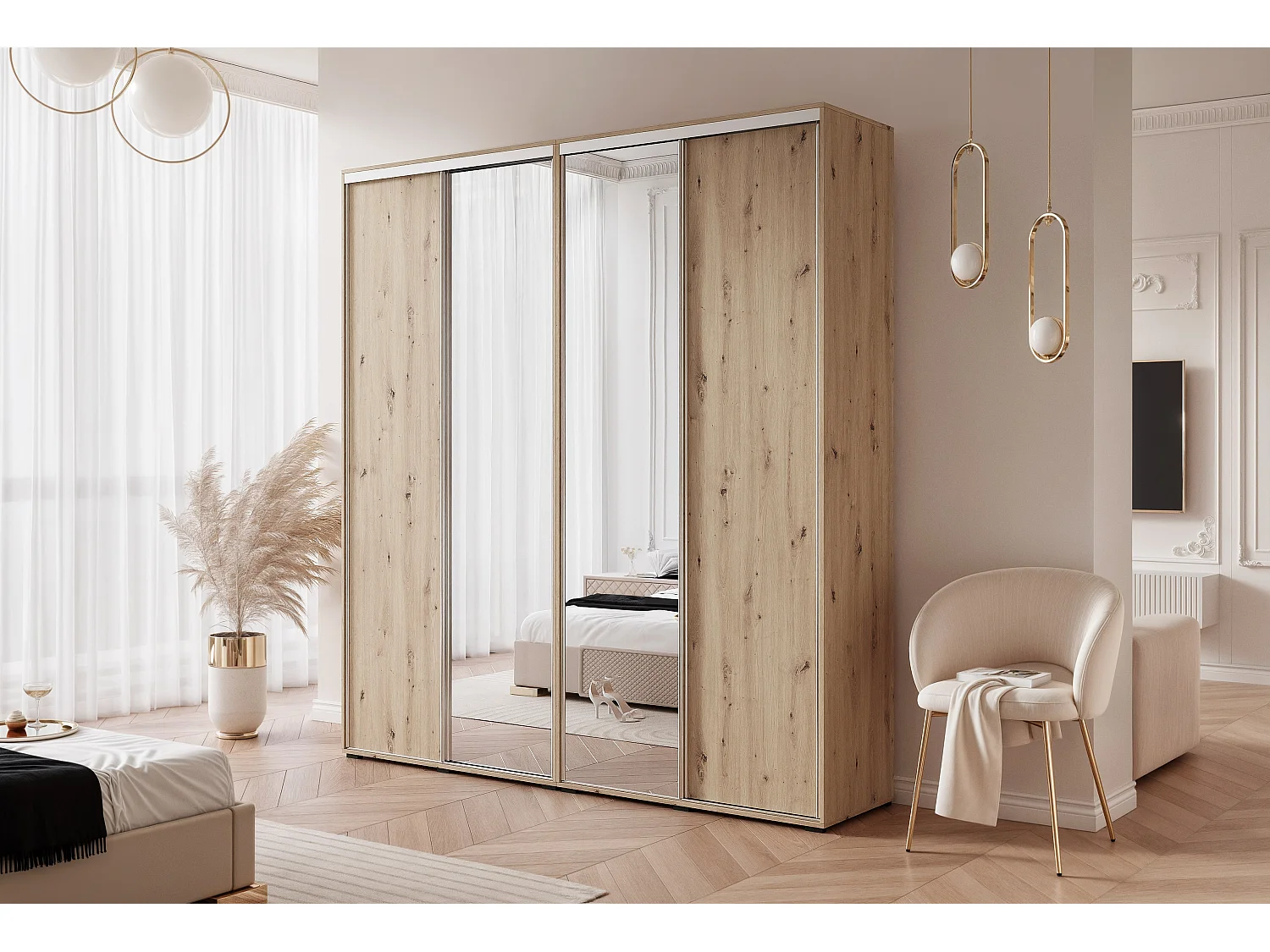 Armoire RAVEN 200 cm Chêne Artisan avec Miroir et détails argentés